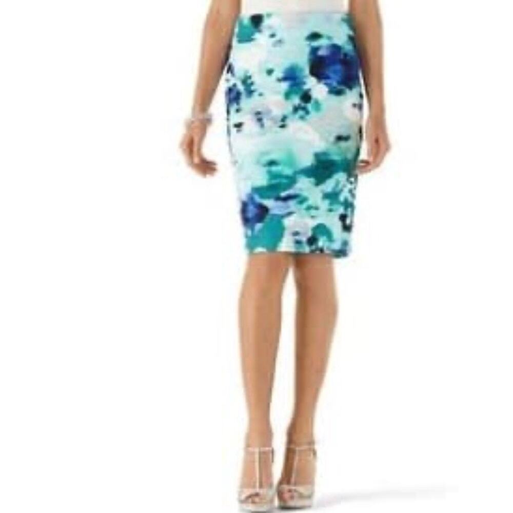 White House Black Market Blue Watercolor Floral Pencil Skirt Sz 12